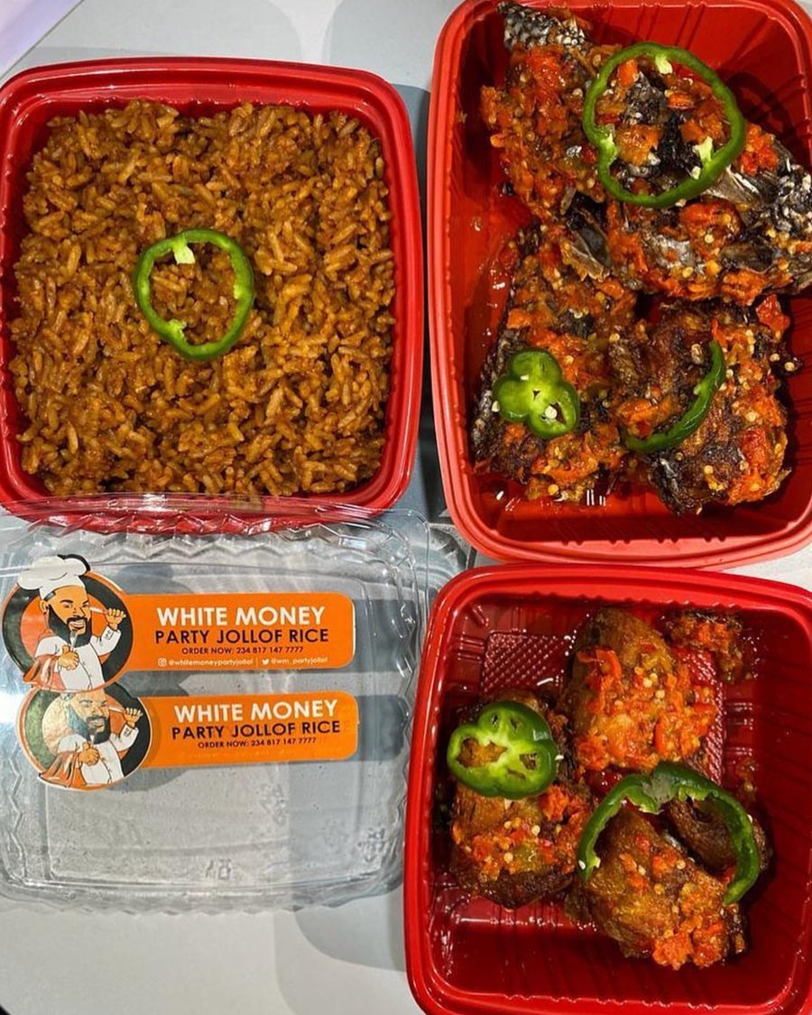 Party jollof rice with peppered fish and chicken in Whitemoney Party Jollof packaging